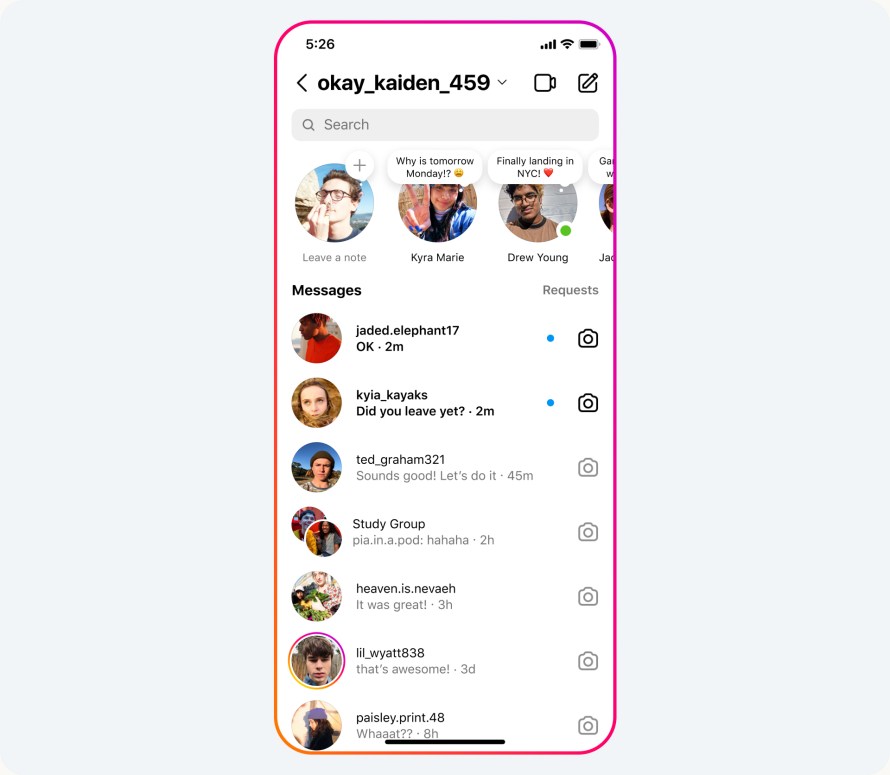 Instagram Notes shown at the top of the Instagram inbox, with short text notes above the messages list.